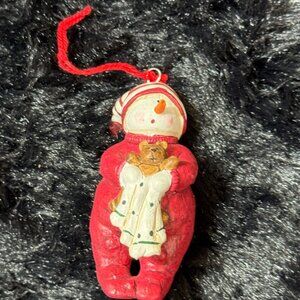 SGE Snowman Ornament Holding Teddy Bear In Red Outfit With Striped Hat